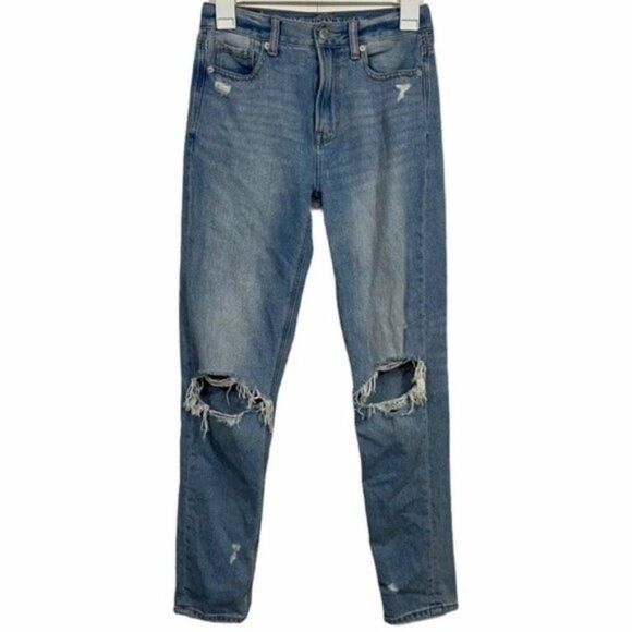 American Eagle Distressed Light Wash Mom Jeans - Picture 1 of 6